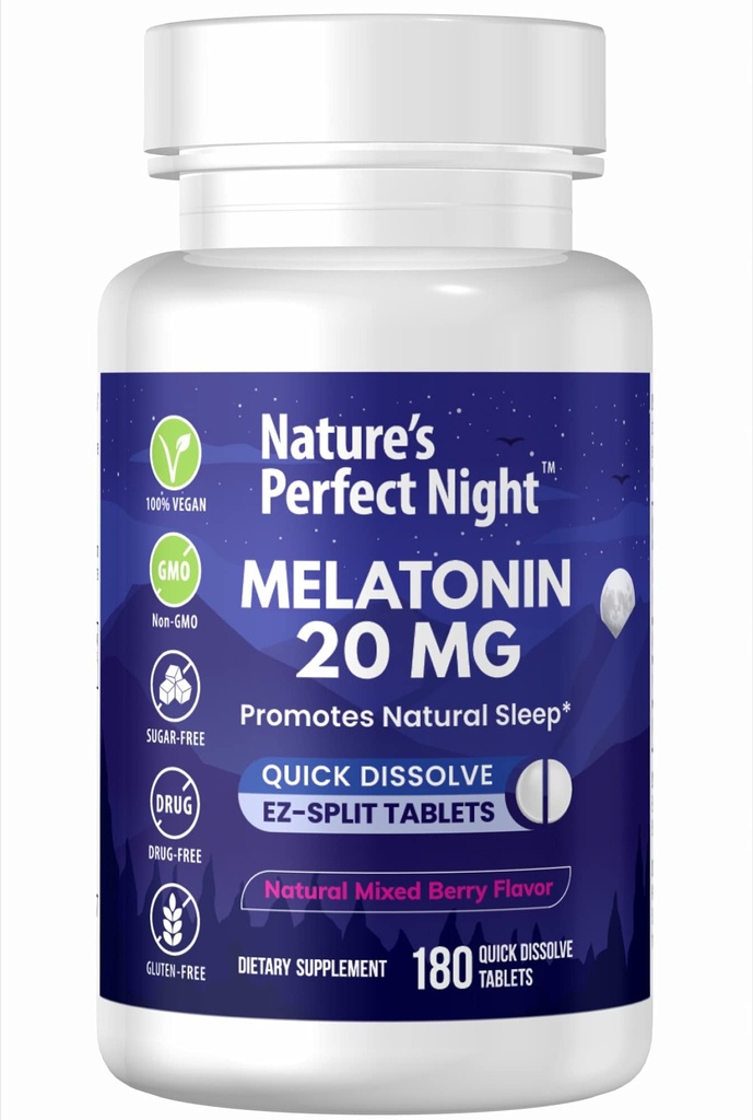 Notte perfetta della natura | Melatonin 20mg | 180 compresse di dissolvenza rapida | Natural Mixed Berry Flavor |High Potency | Sugar Free | Vegan | Gluten Free | Dimensione del valore