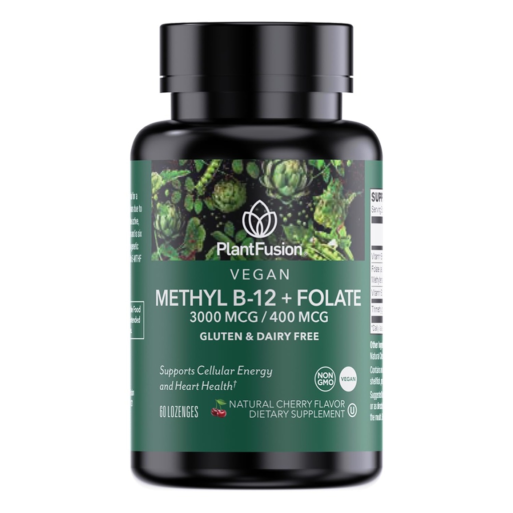 PlantFusion Methylated Vitamin B Complex – Vegan B12 3000mcg, Vegan Methylfolate (5-MTHF) 400mcg, B6 & TMG – Cherry-Flavored Lozenges – 60 Conte
