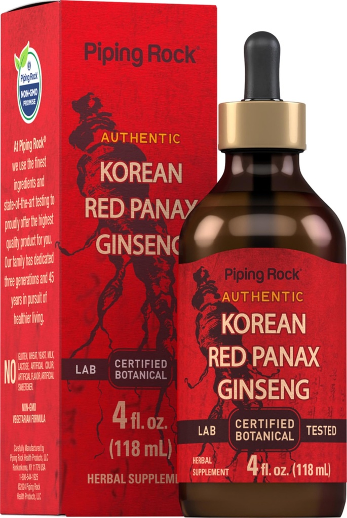 Piping Rock Korean Red Ginseng Liquid Extract | 4 Fl Oz | Panax Root Extract | Alcohol Free Tincture | Vegetariano, Non OGM, Gluten Free Supplement
