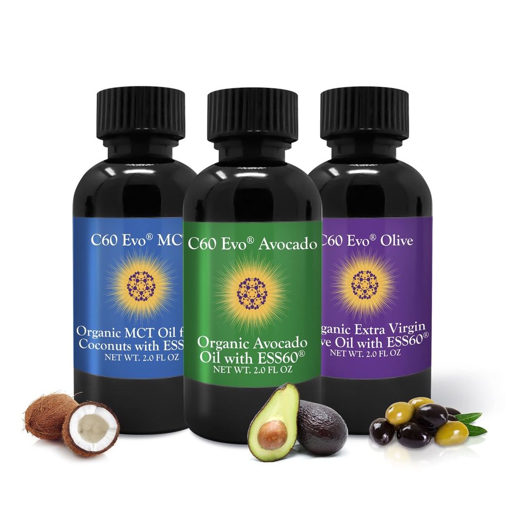 C60 Evo Oli Commestibili All-Natural, Mini Oil Sampler Set con Pure C60 ESS60, Supporto Immune e Supporto Congiunto Integratore con Olio di Oliva, Olio di Avocado & MCT Coconut Oil, Set da 3, 2 oz
