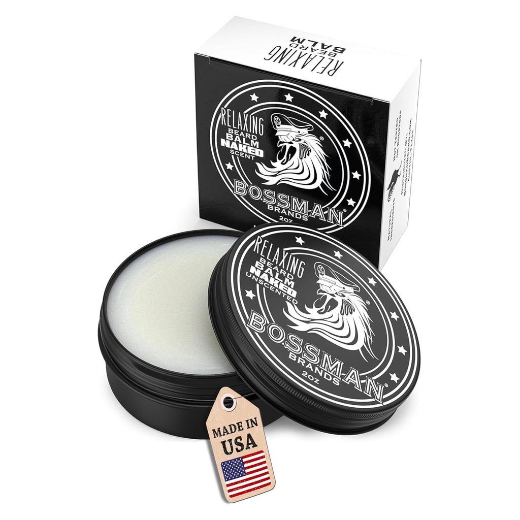 Bossman Relaxing Beard Balm per gli uomini (Naked - Unscented) – Tames, Relaxs, Thickens & Softens per Ultimate Beard Care – Made in USA