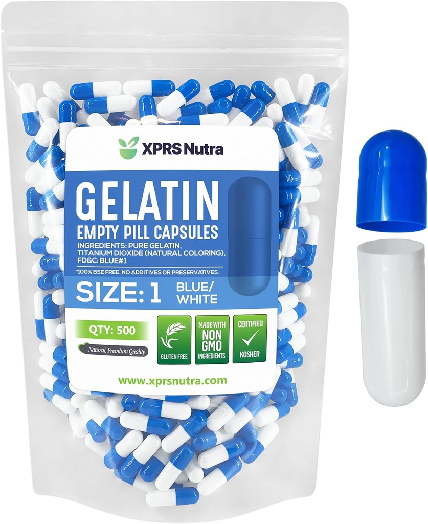 XPRS Nutra Size 1 Capsule Vuoti - 500 Conta Capsule Gelatini Vuoti - Riempimento Pillola DIY Capsule - Pure Bovine Pill Gel Caps per Do-It-Yourself Supplements (Blue/White)