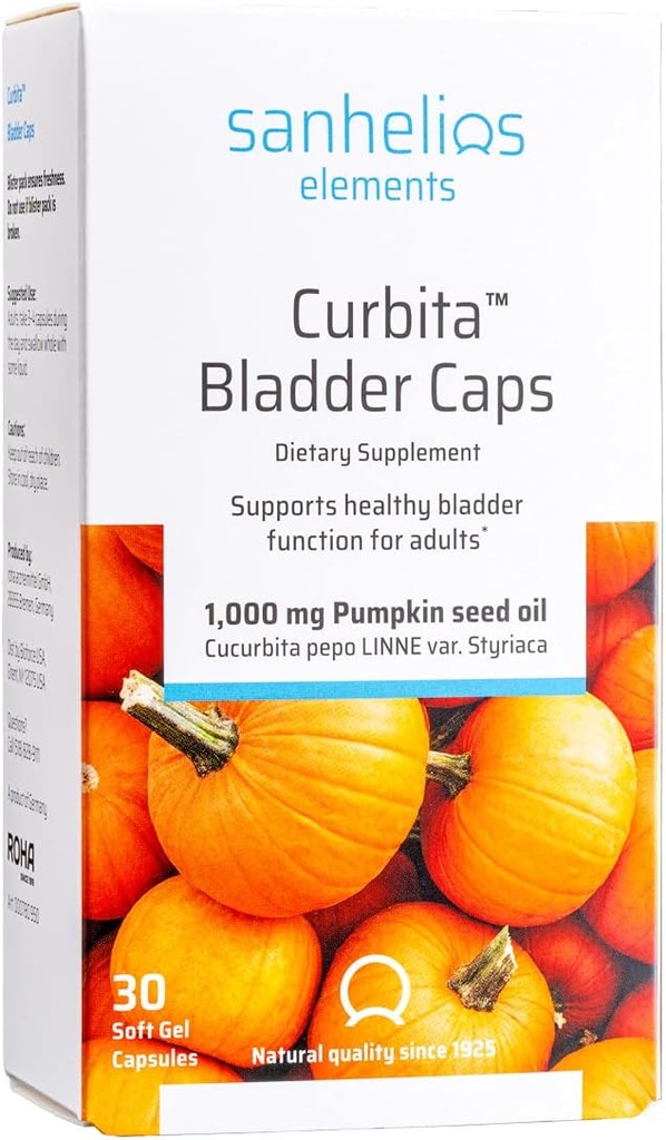 Sanhelios Curbita Bladder Caps Pumpkin Seed Oil 1.000mg - Funzione di supporto per la vescica sana per gli uomini e le donne - Non-GMO, senza zucchero, senza riserve, senza glutine - 30 capsule di softgel