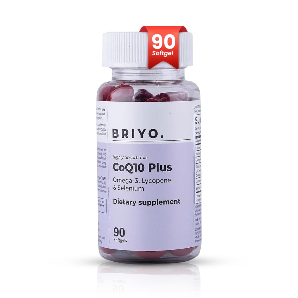 Briyo CoQ10 100mg Supplemento con Omega 3 EPA DHA, Lycopene e Selenium – per la salute del cuore, il supporto energetico, la protezione antiossidante, l'invecchiamento sano – Una volta Daily Softgels, 90 Conte