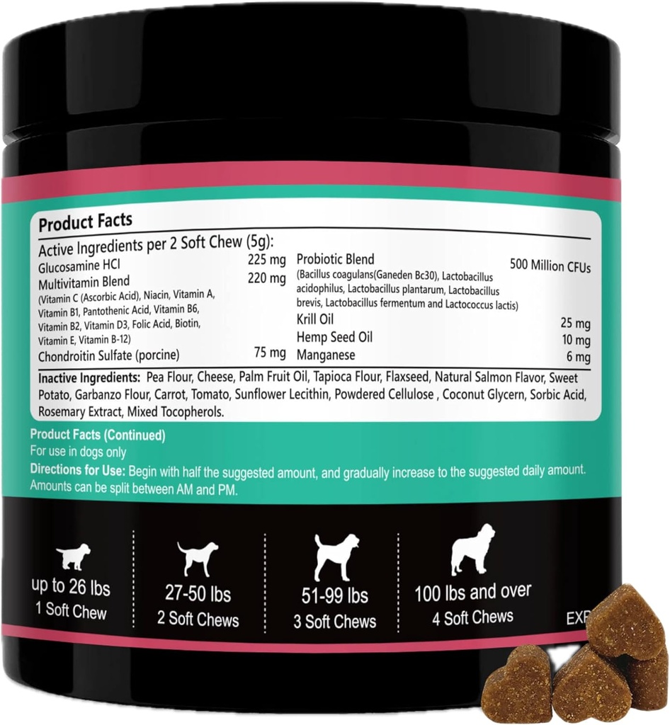 Cane Multivitaminici Chewable- 15 in 1 Cane Vitamine Multivitaminiche per la salute del cuore - Omega 3 Olio per la pelle e cappotto, Condroitina e Glucosamina per Dog Joint & Mobility, Probiotici - 120ct
