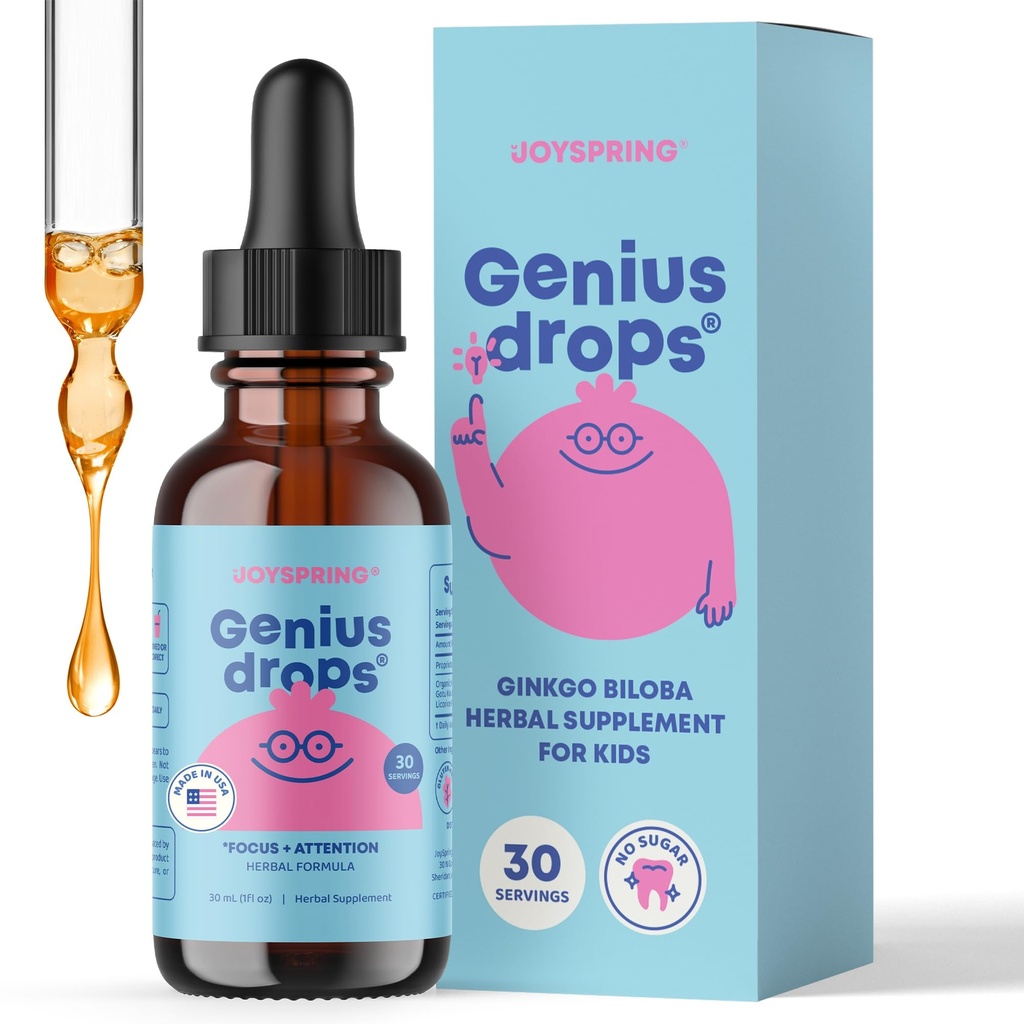 JoySpring Genius Drops for Kids | Integratore di messa a fuoco clinica | Integratore di messa a fuoco di erbe liquide con Ginkgo Biloba per bambini (1 fl oz) 30 Serve