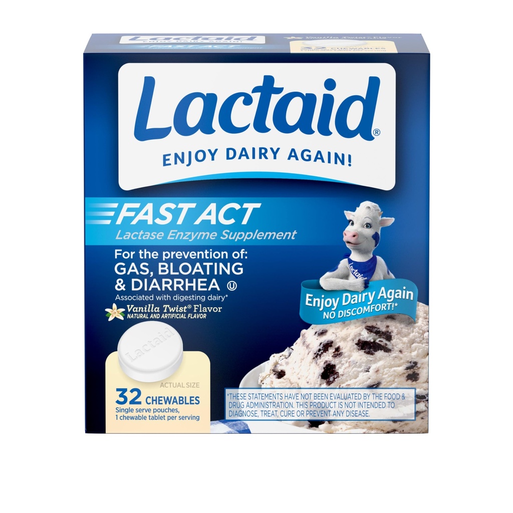 Lattaid Fast Act Lactose Intolerance Relief Chewables with Natural Lactase Enzyme to Prevent Gas, Bloating & Diarrhea A causa di Lactose Sensitivity, On-The-Go, Vanilla Twist Flavor, 32 x 1 ct
