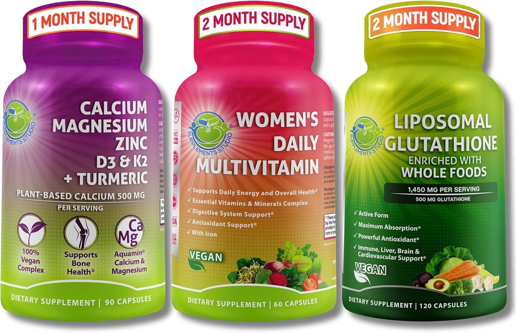 Multivitaminico femminile, calcio e liposomico Glutathione Trio - Calcium piantato, magnesio, zinco, D3, K2 e curcuma + Multivitaminico femminile con ferro + Glutathione Liposomal 500mg