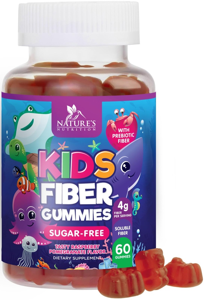 Kids Fiber Gummies 4g – Integratore prebiotico per la salute digestiva, Regolarità e supporto immunitario – Fibra senza zucchero e pianta – Natural Raspberry Flavor – Vegan, Gluten-Free – 60 Gummies