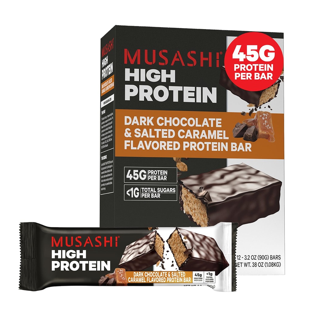 MUSASHI High Protein Bar, 45g Protein, <1g Total Sugars, Dark Chocolate & Salted Caramel, Post Workout e Protein Snack On The Go, 12 Pack of 3.2oz (90g) Bar