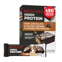 MUSASHI High Protein Bar, 45g Protein, <1g Total Sugars, Dark Chocolate & Salted Caramel, Post Workout e Protein Snack On The Go, 12 Pack of 3.2oz (90g) Bar