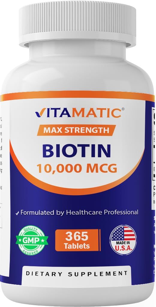 Vitamatic Biotin 10.000 mcg (10 mg) per capelli più forti, pelle e unghie - 365 compresse vegane- Chiamata anche vitamina B7