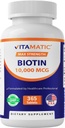 Vitamatic Biotin 10.000 mcg (10 mg) per capelli più forti, pelle e unghie - 365 compresse vegane- Chiamata anche vitamina B7