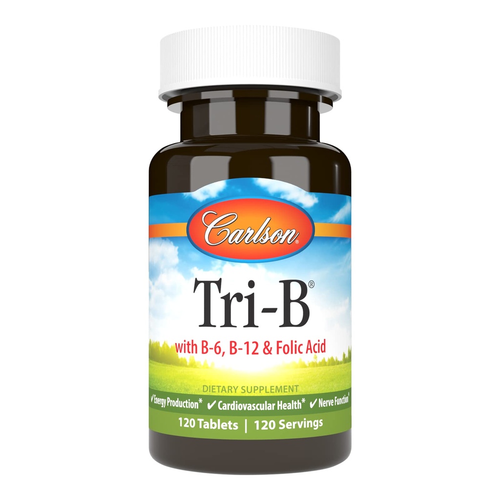 Carlson - Tri-B, Vitamina B Complex, 25 mg Vitamina B-6, 400 mcg Vitamina B-12, Folic Acid Energy Pills, Promuovere la salute cardiovascolare, B Vitamine complesse, B12 Supplemento, B Vitamin Complex, 120 compresse