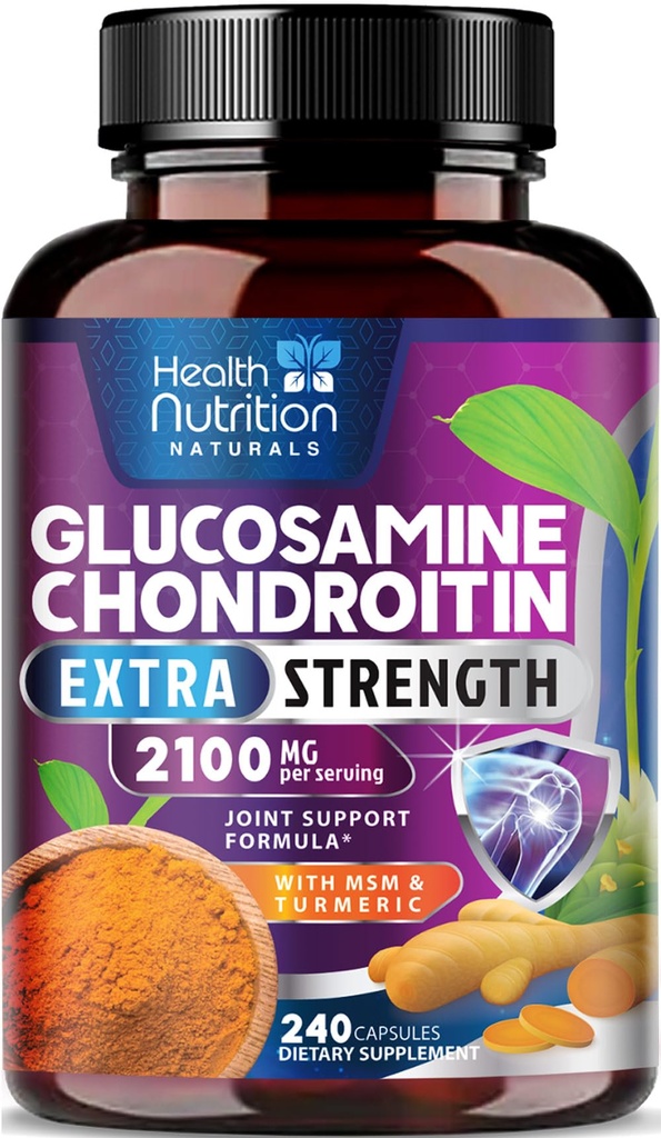 Glucosamina Chondroitin 2100mg - 3X Strength Joint Support Supplement with MSM, Glucosamine Sulfate, Turmeric, Boswellia, Quercetin for Cartilage, Flessibilità & Mobility, Bottigliato negli Stati Uniti, 240 Capsule