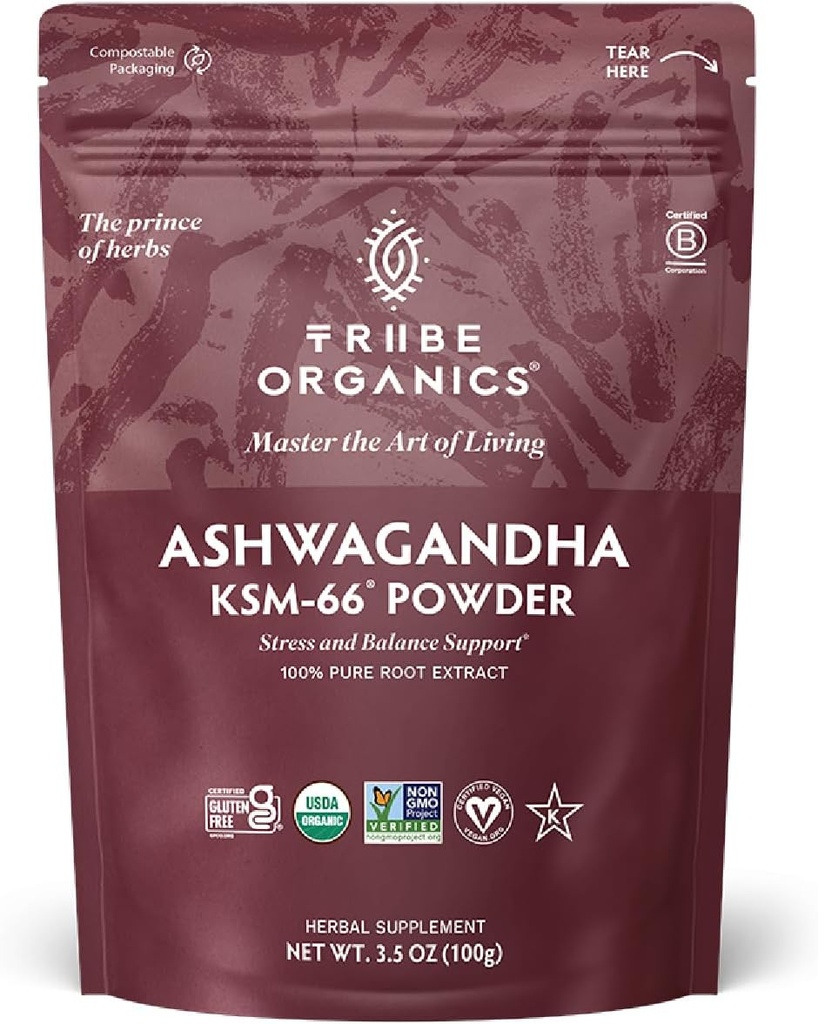 TRIBE ORGANICS KSM-66 Ashwagandha Root Estratto di polvere erba ayurvedica per il supporto del mood | Aumentare l'energia | Forza - Organic | Natural | Gluten Free | Non OGM | Full-Spectrum - 100g Pouch