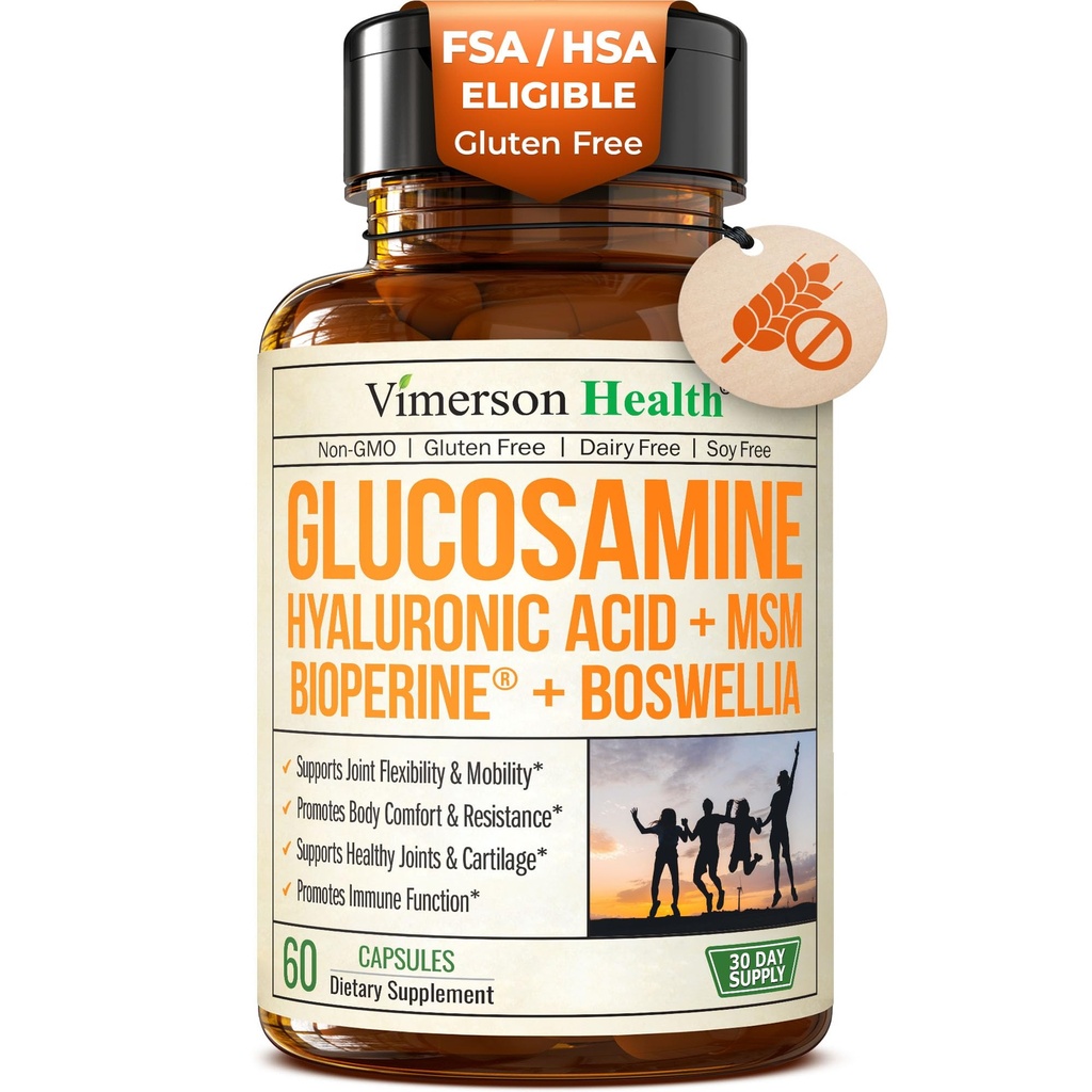 Glucosamina Solfato con Acido Ialuronico, Boswellia, Pepe Nero e Integratore MSM – Integratori Comuni 5-in-1 per Uomini e Donne – Salute Congiunta, Mobilità & Bone Forza – FSA Eleggibile 60 Caps