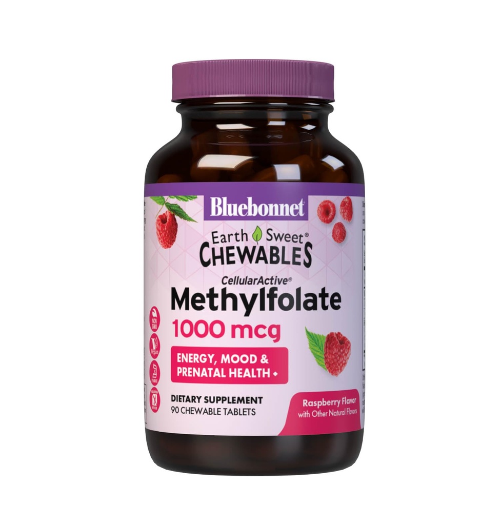 Bluebonnet EarthSweet Methylfolate 1000 mcg Cellular Active Coenzyme 5-MTHF L Methyl Folate Supplement - Prenatal & Energy Support - Non-GMO, Vegan, Gluten-Free - Raspberry - 90 compresse masticabili