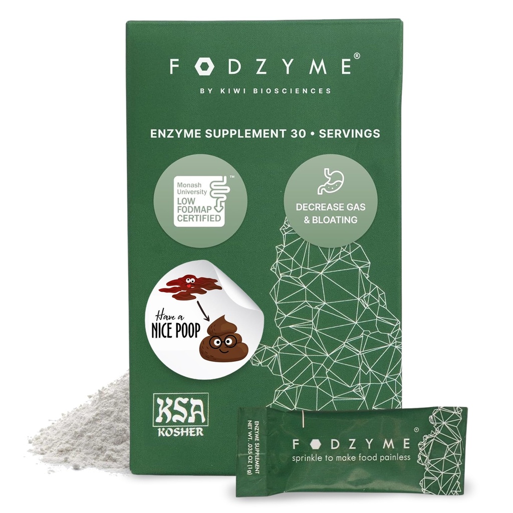 FODZYME® On-The-Go Enzimi digestivi per la salute del fegato, sollievo per il blocco, gas, costipazione, diarrea, dolore addominale, basso FODMAP, 30 Dose