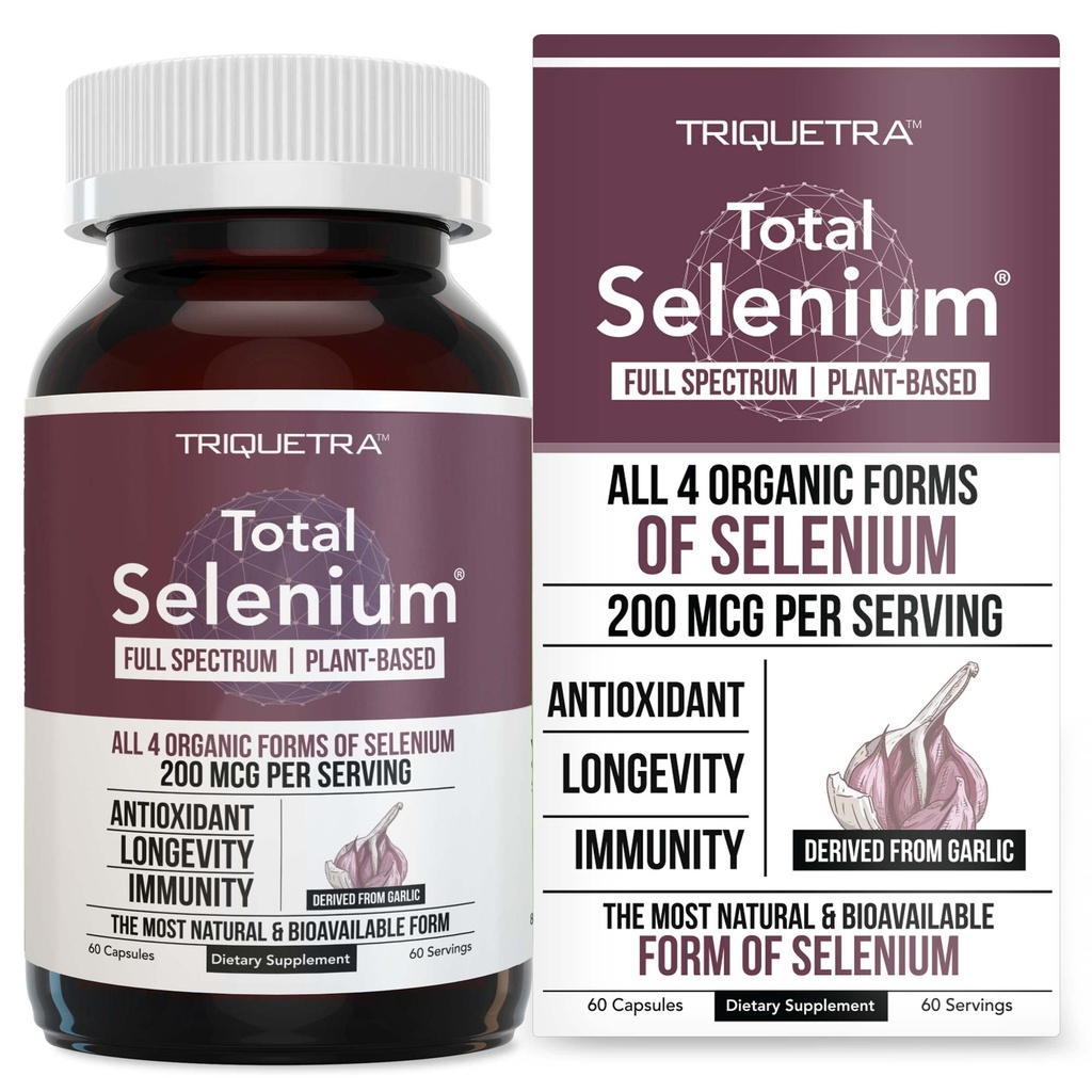 Selenio totale - 200 mcg, Selenio a base vegetale - Spettro completo, Contiene 4 forme organiche essenziali di selenio Compreso Selenometionina - Derivato dall'aglio - 60 capsule
