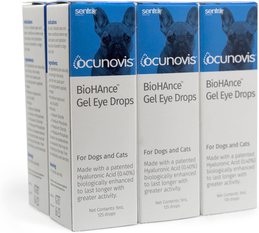 Sentrx - Ocunovis Gel Gocce per cani e gatti con occhi asciutti, Hydrating Cat e Dog Eye Drops con acido ialuronico, non-bluring e non-tinging Artificial Tears, 5 ml, 6 Pack