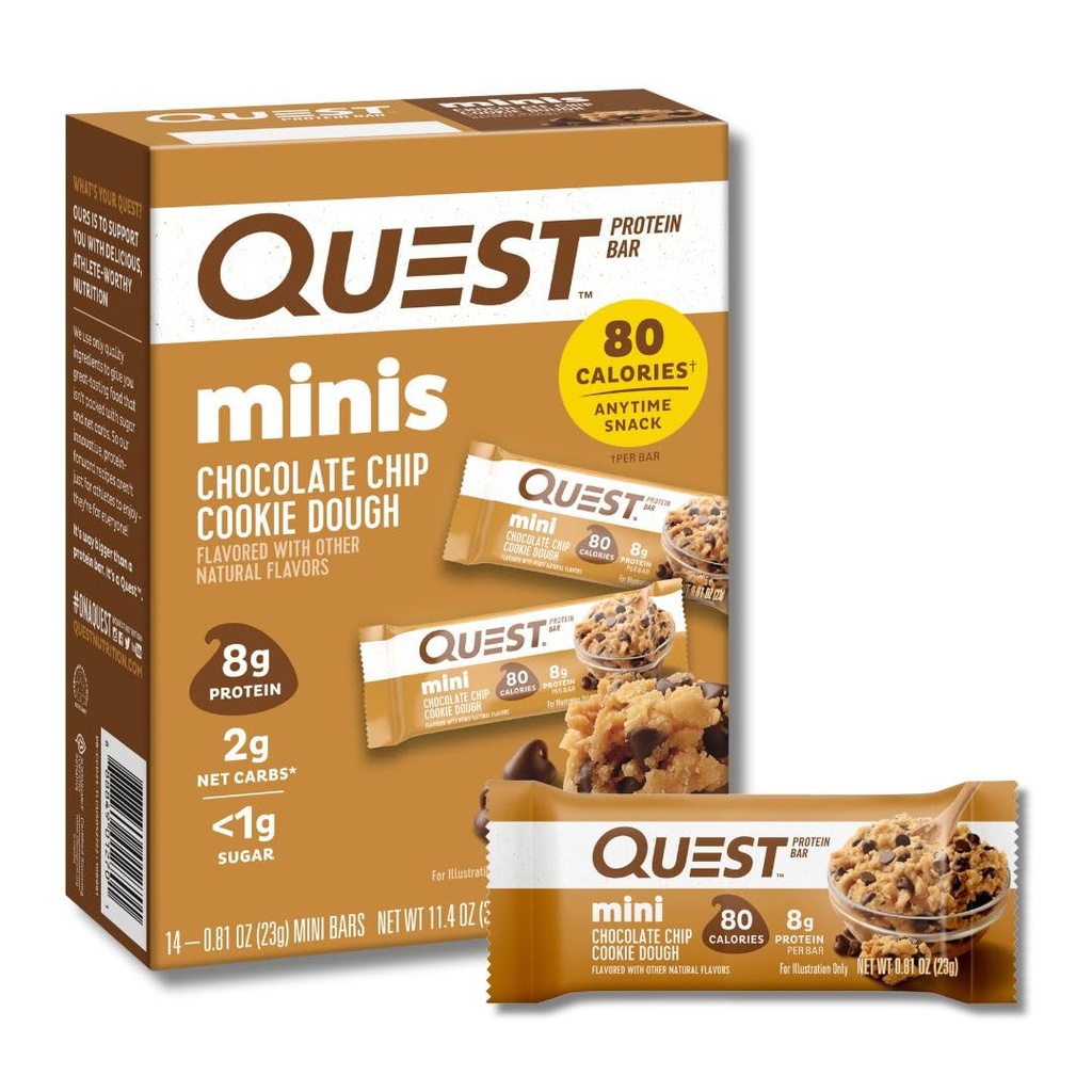 Quest Nutrition Mini Chocolate Chip Cookie Dough Protein Bars, 8g Protein, 1g Sugar, 2g Carbs Net, Gluten Free, 14 Count