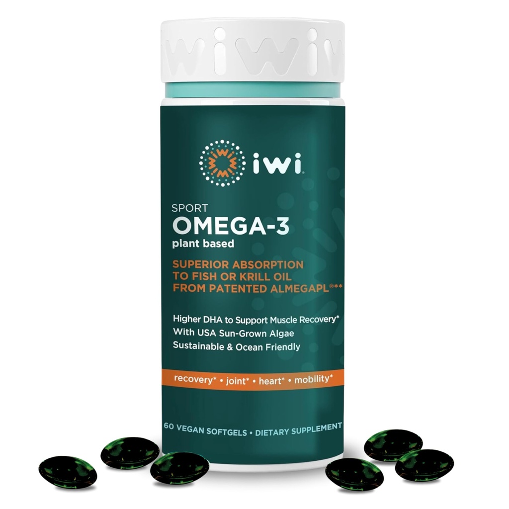 Iwi Omega-3 Sport, 60 Softgels (30 Serve), Alghe vegane vegetali Omega 3 con DHA, Supporto per il recupero di esercizio Supplemento alimentare, Krill & Fish Oil Alternative, No Fishy Aftertaste