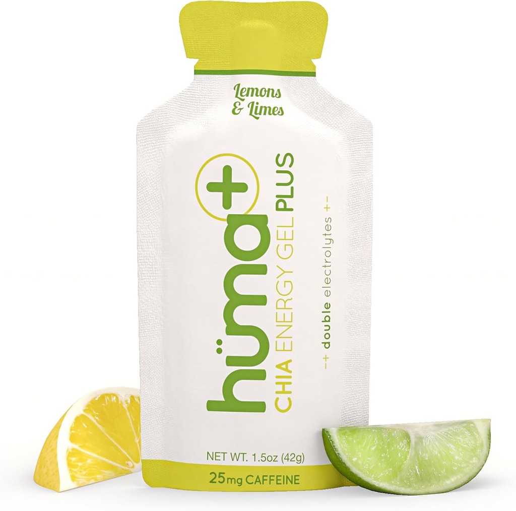 Huma Plus (elettroliti doppi) - Gel di energia Chia, Lime di limone, 12 Gel, 25 mg di caffeina - Stomach Friendly, Gel di energia alimentare reale