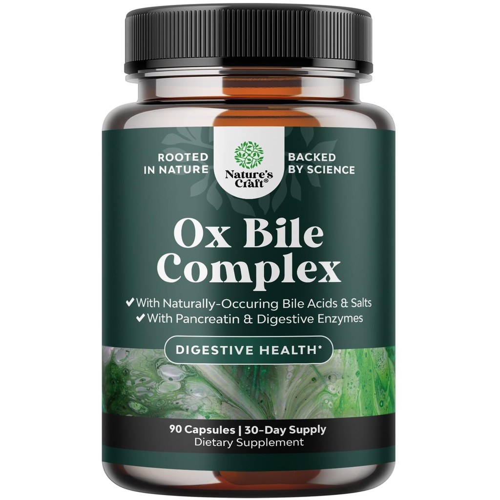 Enzimi digestivi con Ox Bile - Ox Bile Supplementi per No Gallbladder con Trypsin, Papain & Bromelain Enzyme per Pancrease Cleanse & Detox - Pancreatin Digestion Enzymes for Women & Men - 90 Ct