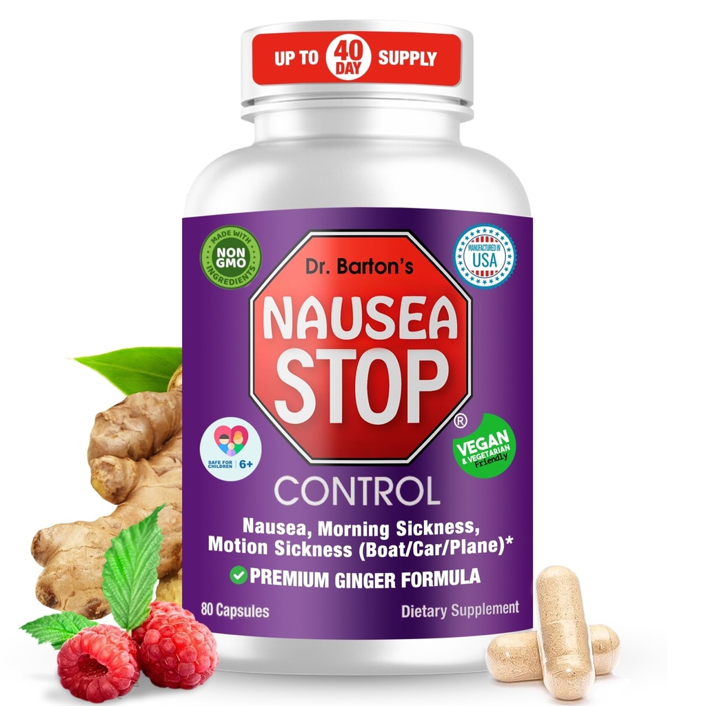 Dr. Barton’s Nausea Stop - Ginger naturale, Non-Drowsy Nausea Relief Pills per adulti e bambini, Anti Nausea, Upset Stomach, Mattina Malattia e Gravidanza Nausea - Viaggi Essentials - 80 Capsule (1 Confezione)
