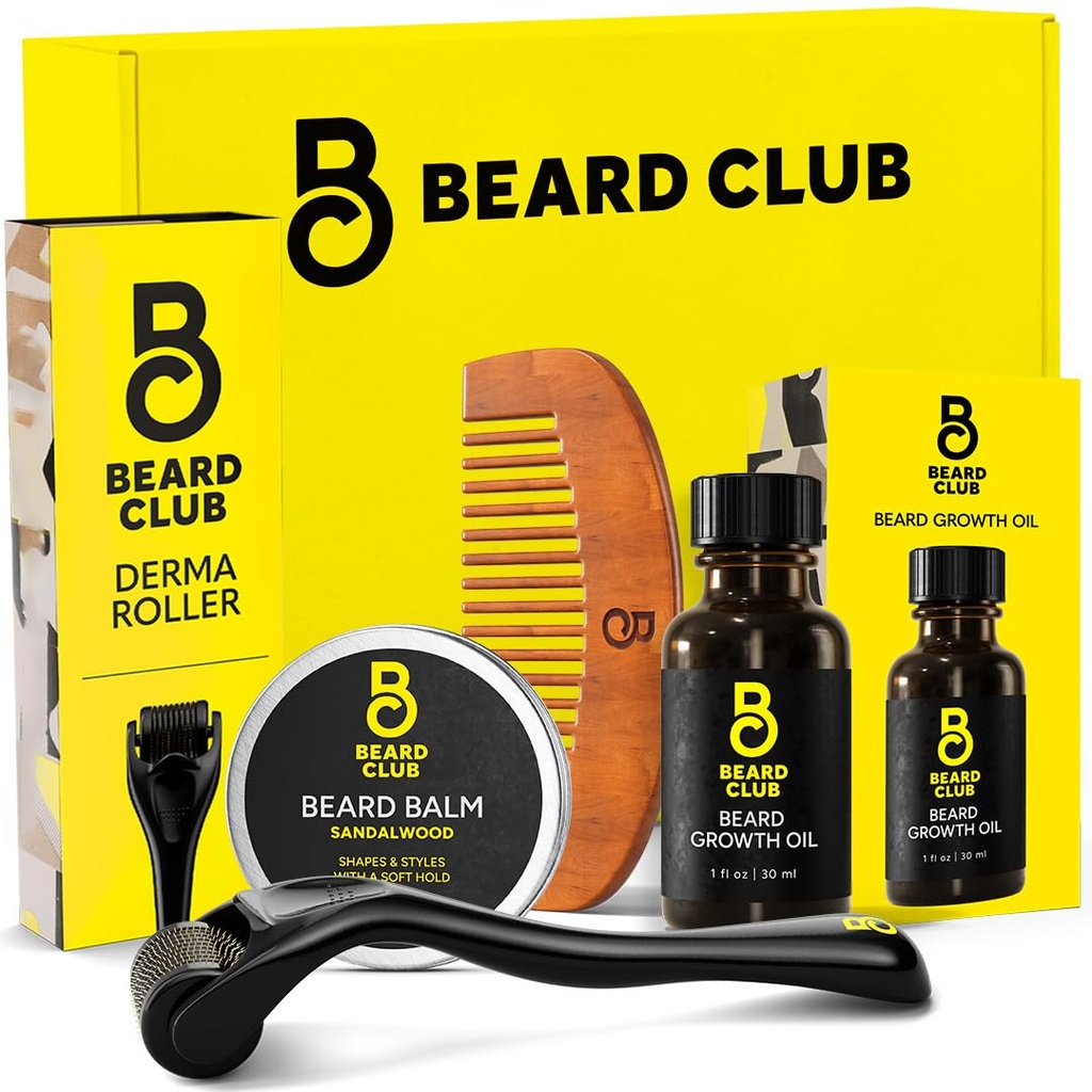 Il Kit di crescita del Beard Club Beard - Rullo Derma, Olio di crescita del cuscinetto, Balm di Sandalo, Comb - Set regalo