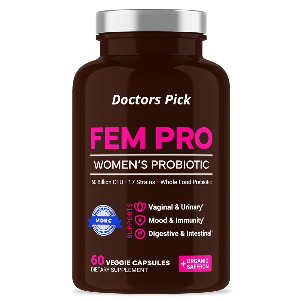 Probiotici Fem Pro per le donne. 17 Strains clinicamente efficaci per il supporto vaginale, digestivo e immunitario, salute del tratto urinario, equilibrio del pH e mood. 60 capsule vegetali, 2 mesi di alimentazione