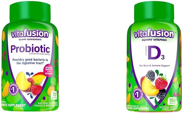 Vitafusion Probiotic Gummy Supplementi, Raspberry, Peach e Mango Sapori & Vitamina D3 Gummy Vitamine per Bone e Sistema Immune Supporto