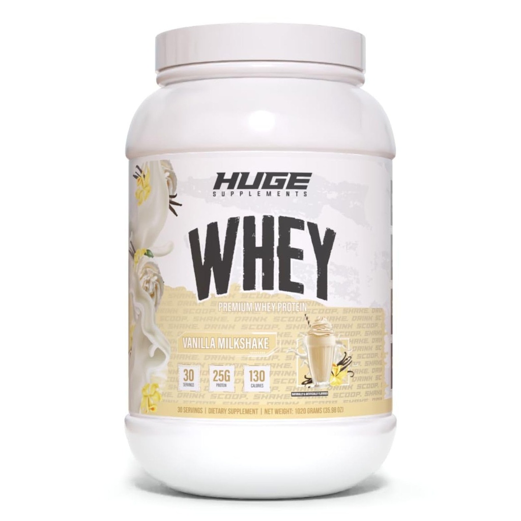 Huge Whey, polvere proteica per guadagno muscolare, 25g Protein, 12g EAA, Supporta la crescita muscolare, Performance & Recupero (Vanilla Milkshake, 30 Serve)