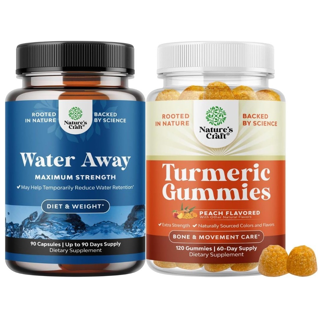 Bundle of Water Away Fluid Retention with Dandelion Leaf Extract & Green Tea for Bloating Relief and Turmeric Gummies for Adults Peach Flavor - Curcumina currica con estratto di pepe nero e zenzero