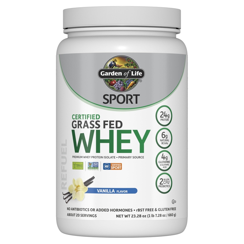 Giardino della vita SPORT Whey Protein Powder Vanilla, Premium Grass Fed Whey Protein Isolate plus Probiotics for Immune System Health, 24g Protein, Non OGM, Gluten Free, Cold Processed - 20 Servings