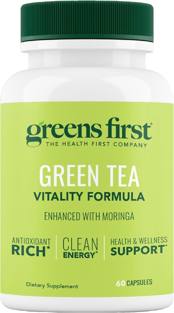 Greens First Green Tea Vitality Formula - Migliorato con Moringa - Antiossidante-Rich per l'energia pulita - Vegan & Gluten-Free - Potente miscela per l'energia &amp; benessere generale (60 capsule)