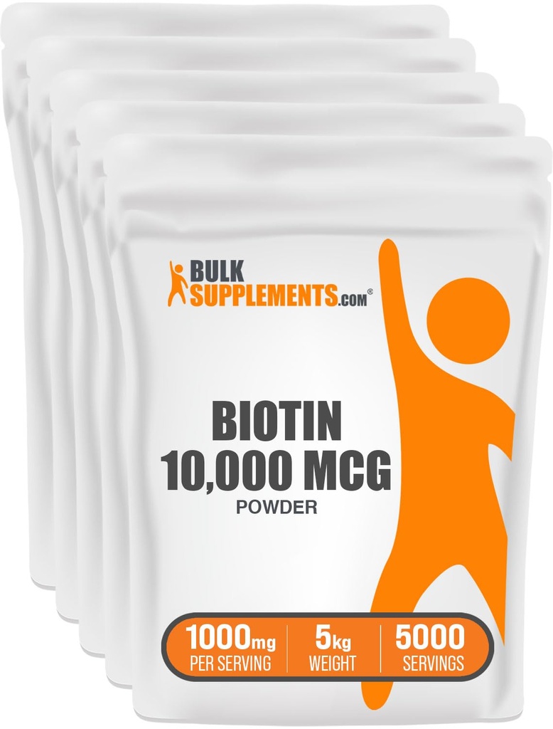 BulkSupplements.com Polvere di biotina 10000mcg - Vitamine per capelli, pelle e unghie - come vitamina B7, senza glutine, 1000mg per porzione (10mg Biotina), 5kg (11 lbs) (Pack di 5)