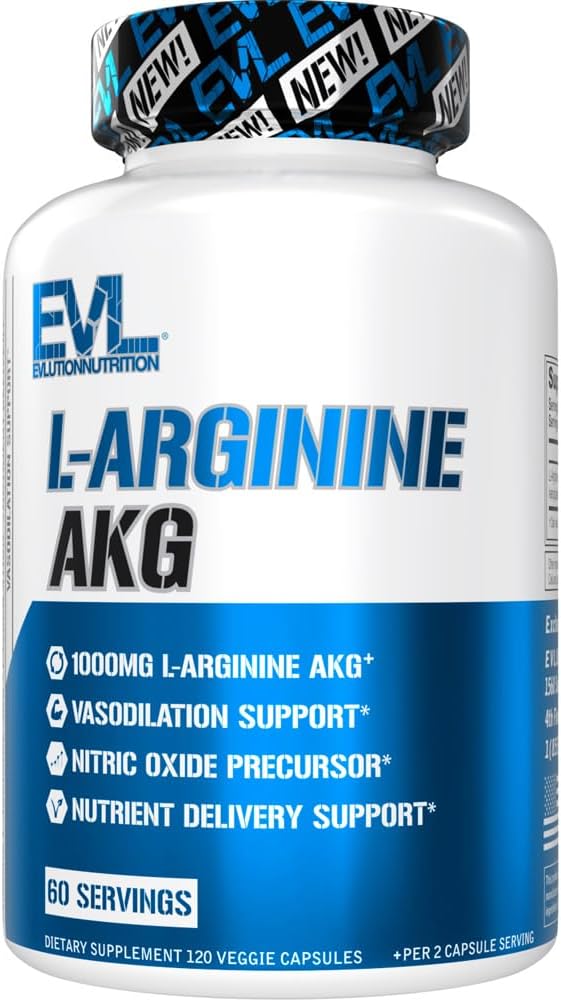Evlution L-Arginina AKG - Vasodilation & Nutrient Delivery Support - Nitric Oxide Precursor - 1000mg L-Arginina AKG - Gluten Free & Non-GMO - Integratore alimentare - 60 Serve - 120 capsule vegetali