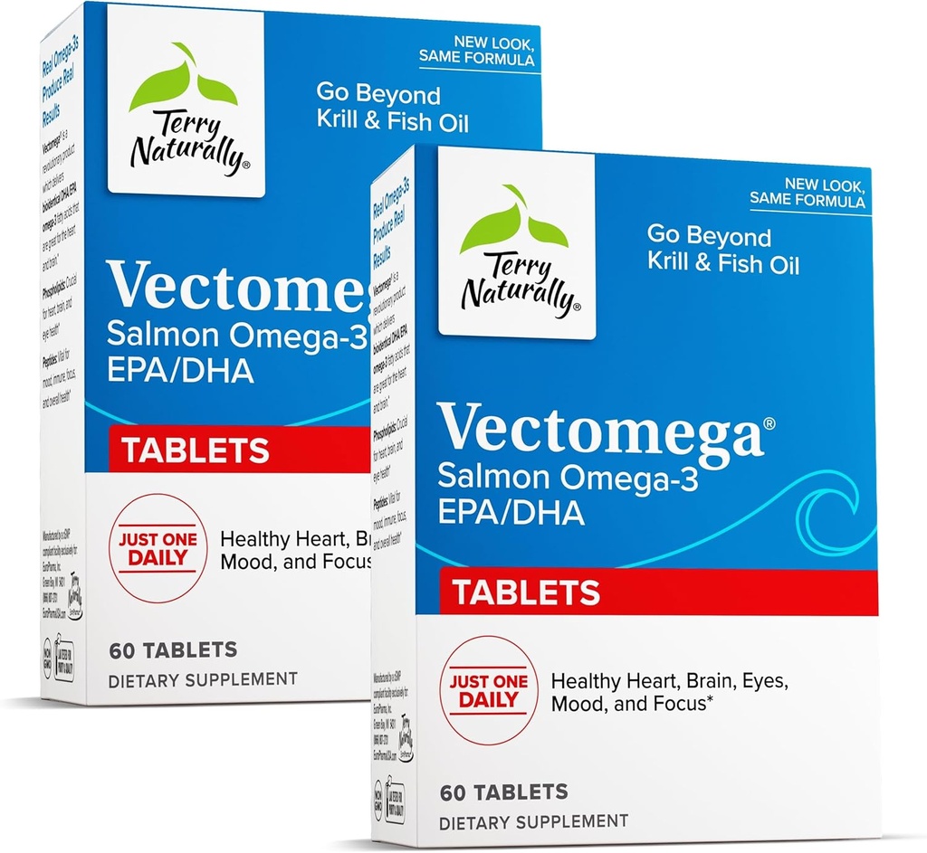 Terry naturalmente Vectomega - Supplemento con EPA & DHA - Omega-3 compresse per il sostegno della salute del cervello e del cuore - Supplemento nutrizionale con acidi grassi essenziali & Peptides - 60 compresse (Pack of 2)