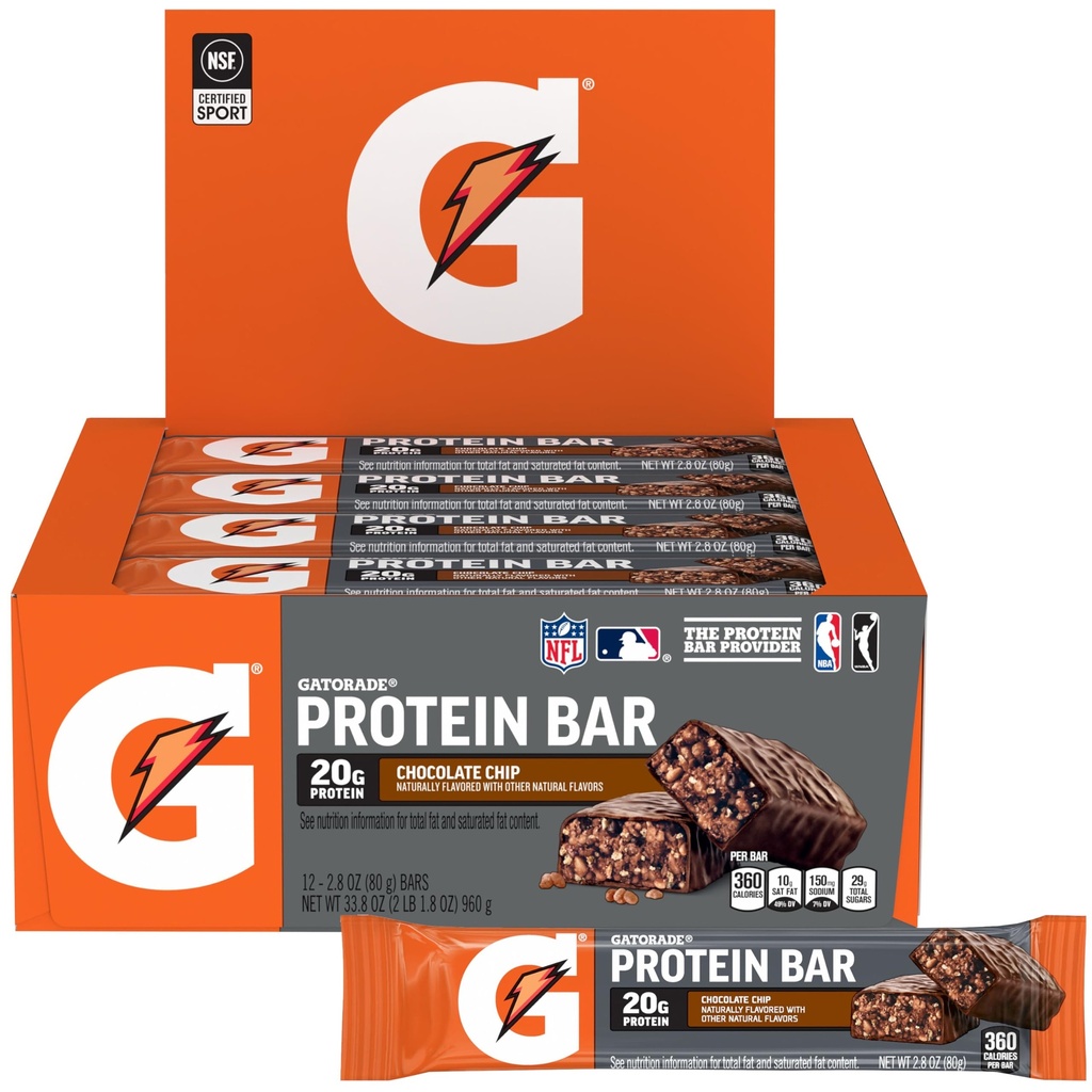 Gatorade Whey Protein Recover Bars, Chocolate Chip, 2.8 oncia(Pack of 12)