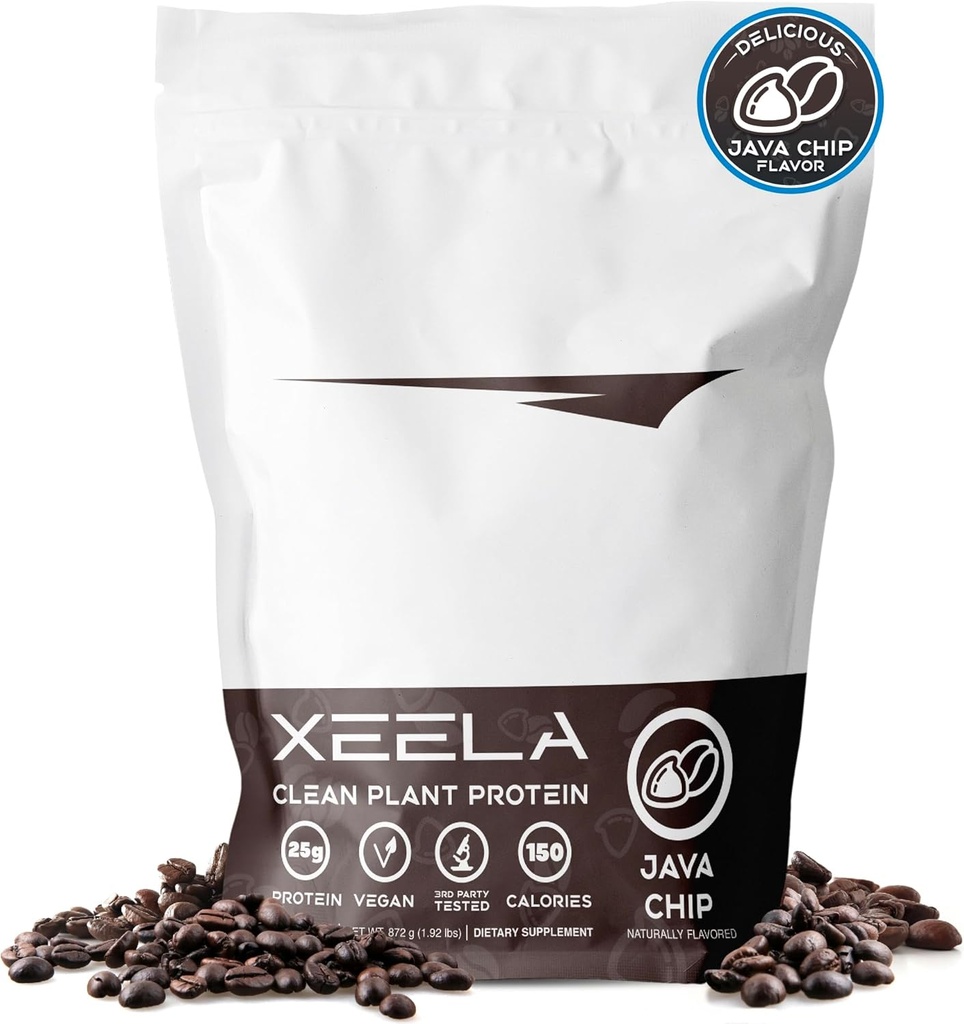 XEELA Plant Based Vegan Protein Powder - Indipendente testato - 25g High Protein, Pea Protein per Uomo e Donne - Vitamine & Minerali, Non OGM, Latticini & Gluten Free, LowCarb & LowFat (Java Chip)