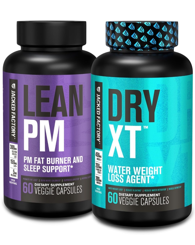 Jacked Factory Lean PM Night Time Fat Burner, supplemento di aiuto al sonno, & Appetite Suppressant (60 capsule) & Dry-XT perdita di peso dell'acqua pillole diurettiche (60 capsule)