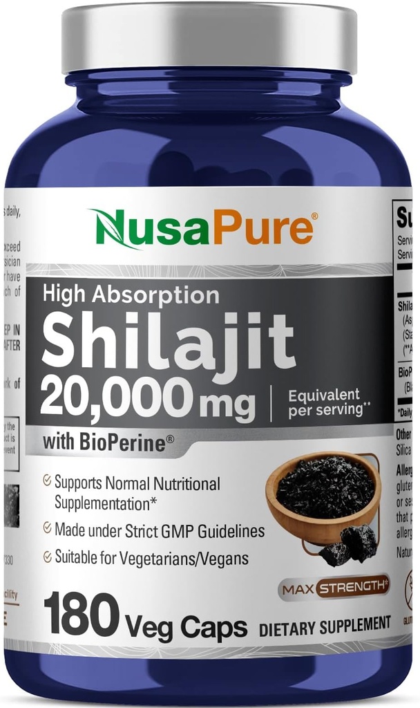 NusaPure Shilajit 20,000mg per Serving, 180 Caps Veggie, Non OGM, Gluten Free, Bioperine