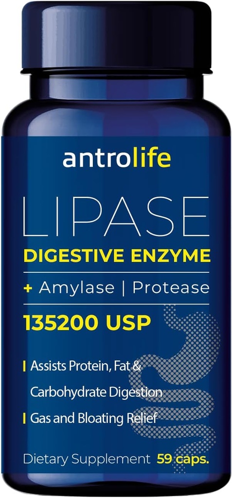ANTROLIFE Digestivo Salute Supplemento - Enzimi con Lipasi Integratori nutrizionali & Amylase per il comfort digestivo - Integratore alimentare - 59 Capsule