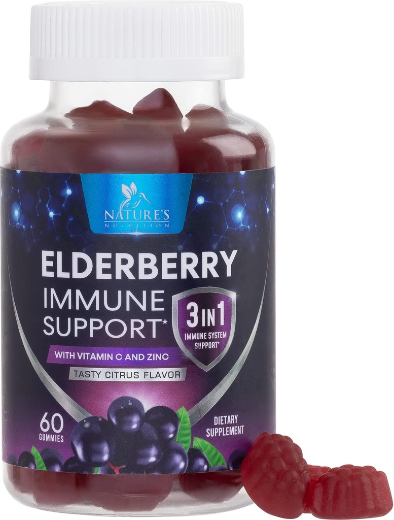 Gummie di sambuco con vitamina C, D3 e zinco - Gomma di supporto immunitario per bambini e adulti, Estratto di sambuco nero Integratore di supporto per la salute immune, Vitamina di bacche di sambuco nero - 60 Gummies