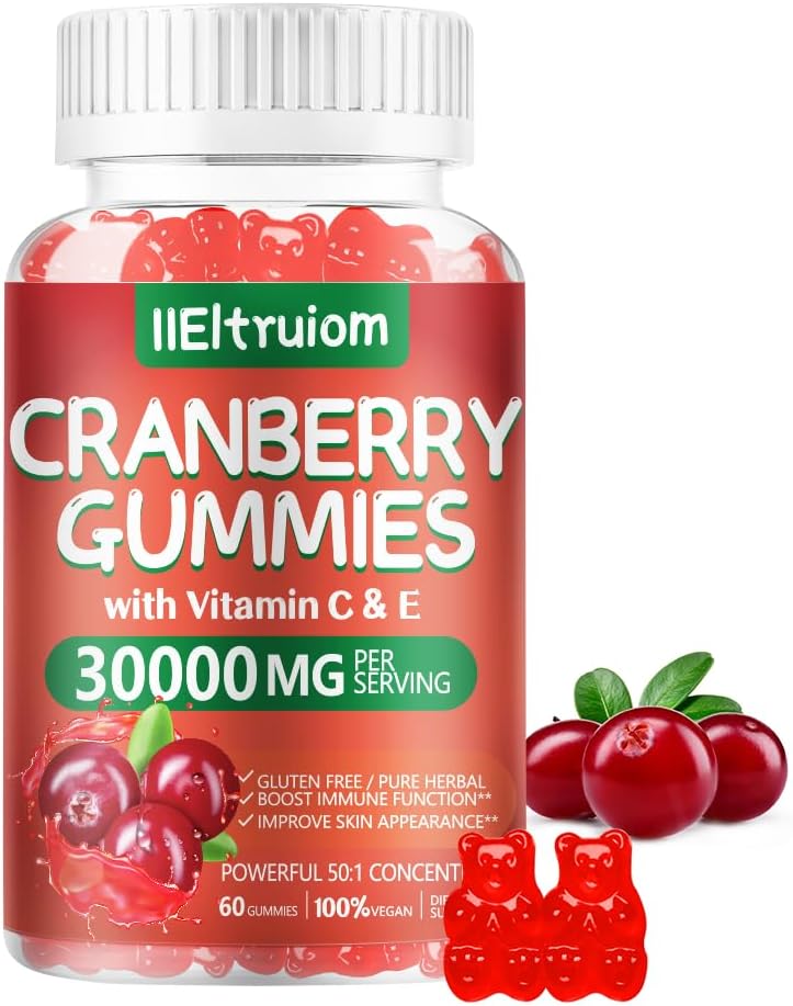 Cranberry Gummies Salute del tratto urinario per le donne e gli uomini, 50X Concentrato Extrac, Vitamina C & E, Cranberry Gummies per le donne con Hibiscus per sostenere Immune, 60 conti