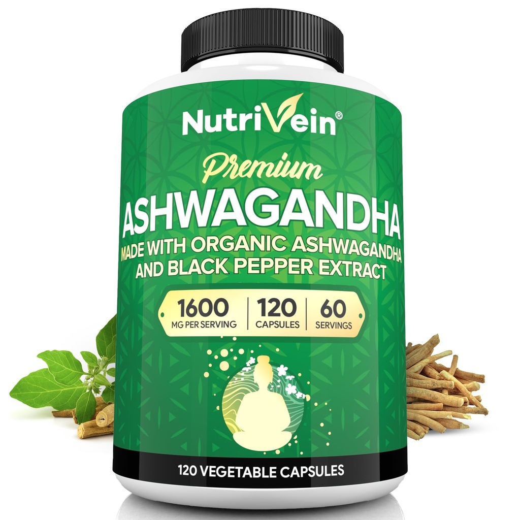 Nutrivein Ashwagandha per uomini e donne - 1600mg - Migliorato con pepe nero - Polvere di radice ad alto assorbimento Ashwagandha Integratori per bilanciamento del mood, sonno riposante, & Focus - 120 capsule vegan