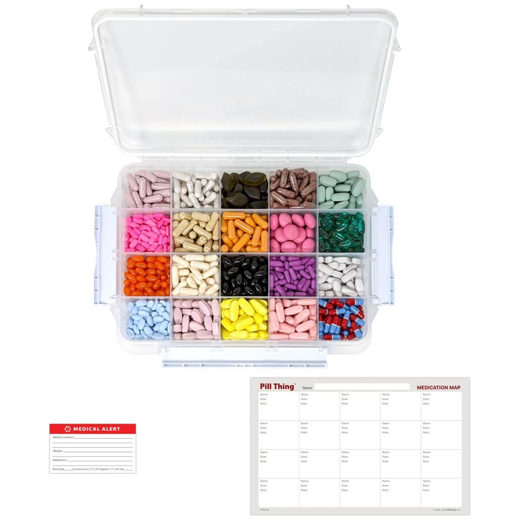 20 scomparti Grande caso di pillole con guarnizione a tenuta stagna - Silicone Guarnizione impermeabile Med Box con mappa di farmaci (20 scomparti, 1 confezione)