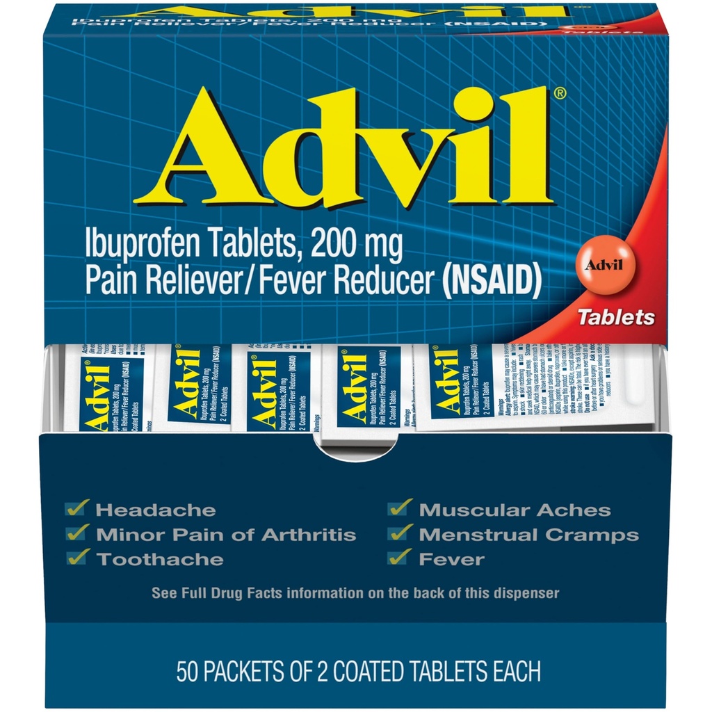 Advil Pain Reliever e Fever Riduttore, Pain Relief Medicine con Ibuprofen 200mg per Mal di testa, Backache, Dolore mestruale e Joint Pain Relief - 50x2 compresse rivestite